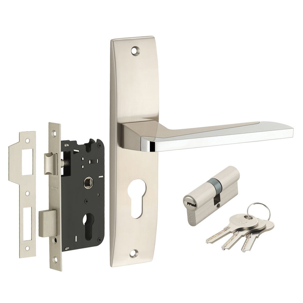 IPSA Lilac Iris Handle Series on 8" Plate CYS Lockset with 60mm Both Side Key - Matte Satin Nickel Finish CPS
